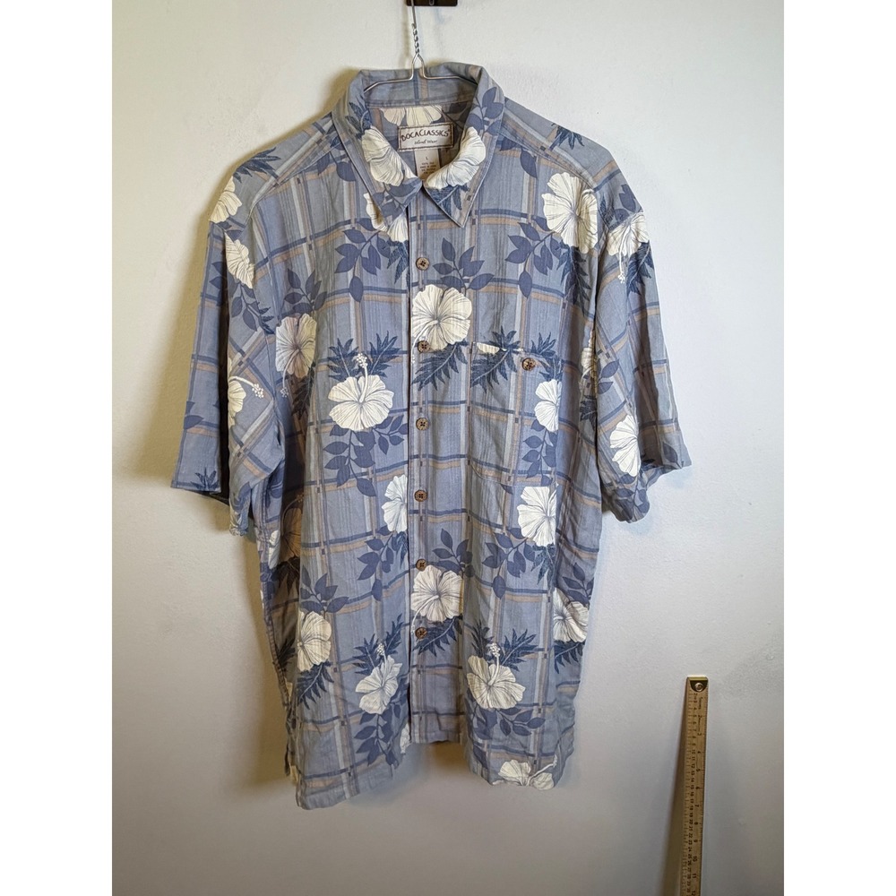 Boca Classics Mens Button Down Shirt 100% Silk Hibiscus Blue L